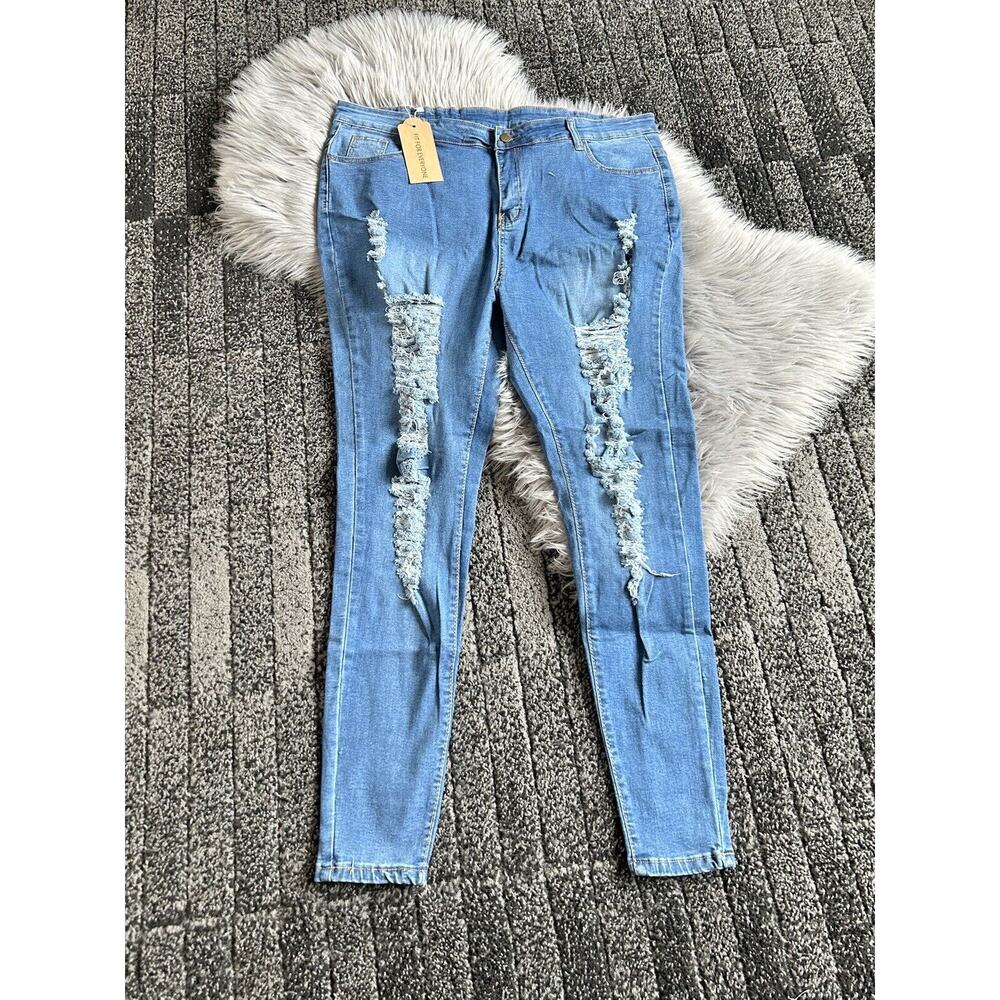 Allabreve Women's Plus Size 3XL Ripped Stretch‎ Jeans High Rise Destressed Denim